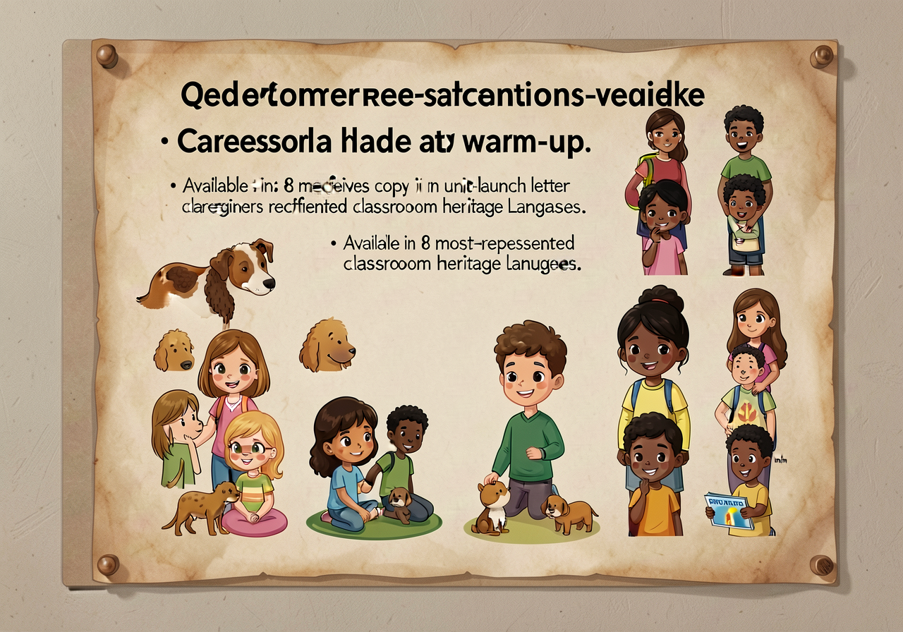 MG-8 parchment-style chart in 36pt text mounted on classroom wall at child-eye-height. Read aloud at warm-up. Caregivers