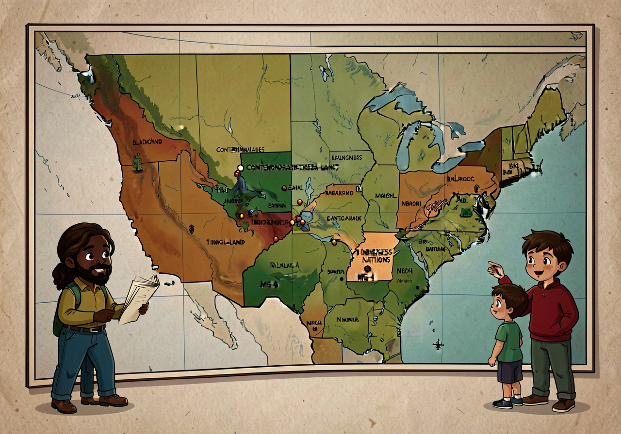MG-2 22-inch wall map shown alongside MG-4. Children locate contemporary-tribal-lands overlay regions on MG-2 correspond