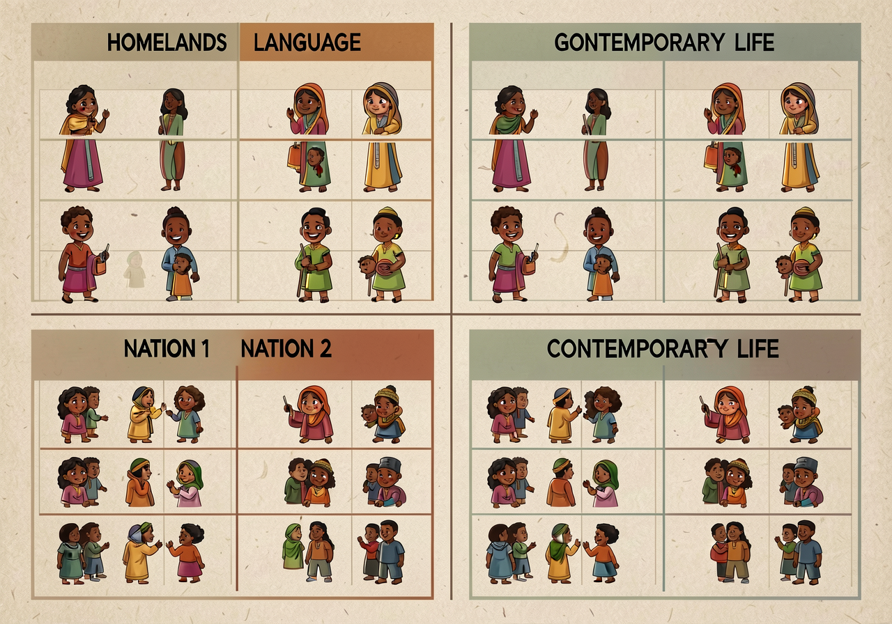 11x17 4-quadrant chart with pre-filled quadrant labels (HOMELANDS / LANGUAGE / GOVERNMENT / CONTEMPORARY LIFE) and two c