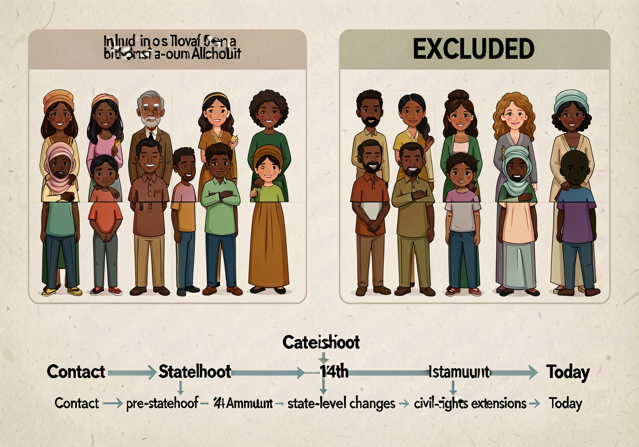 11x17 template with two columns (INCLUDED in statehood-era citizenship / EXCLUDED) and below a horizontal causation-chai