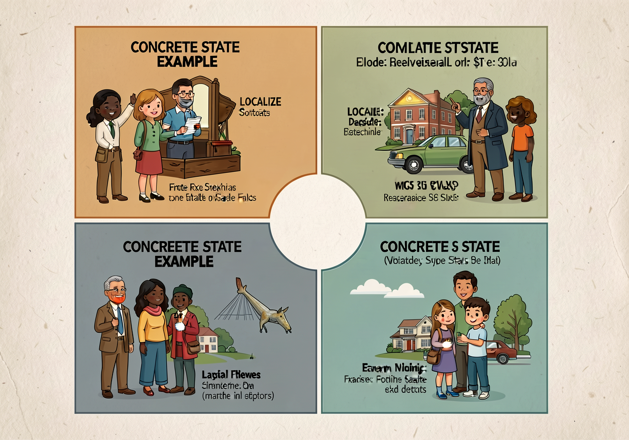 MG-11 18x24 chart with 5 quadrants + center. Each quadrant carries one CONCRETE STATE EXAMPLE. LOCALIZE: replace example
