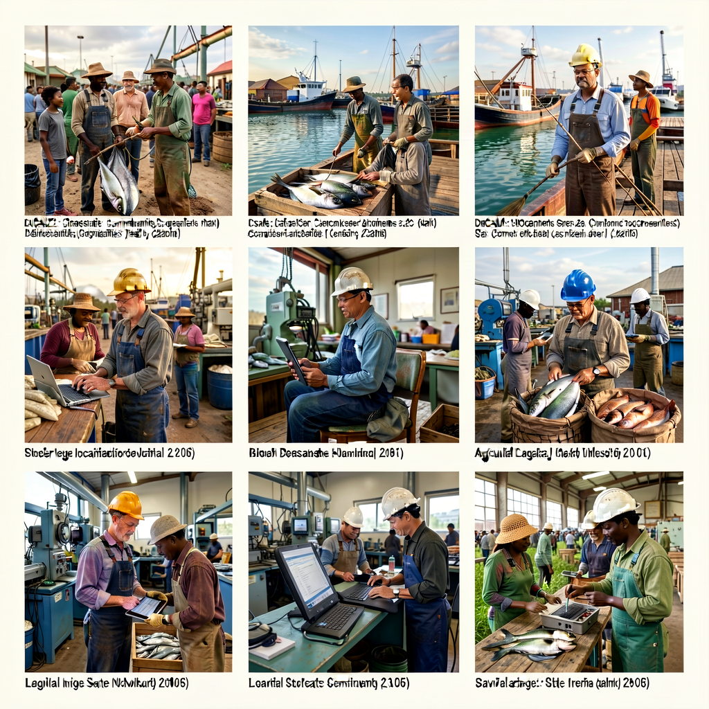 6 high-resolution documentary photos: farmers, fishers, port workers, tech workers, manufacturing workers, agricultural 