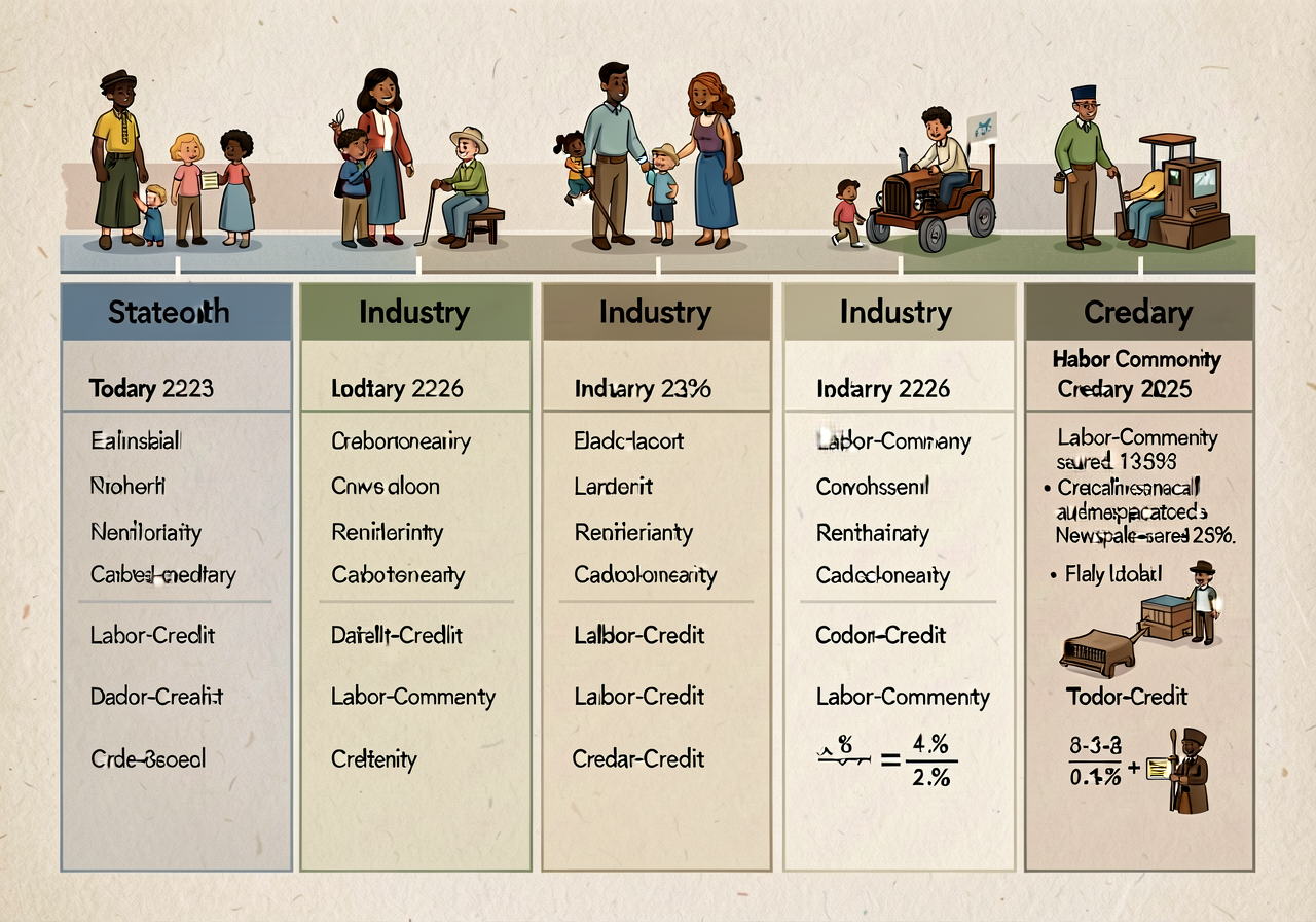 11x17 chart with horizontal timeline (statehood through today) and 6 industry columns (industry name + dates + labor-com