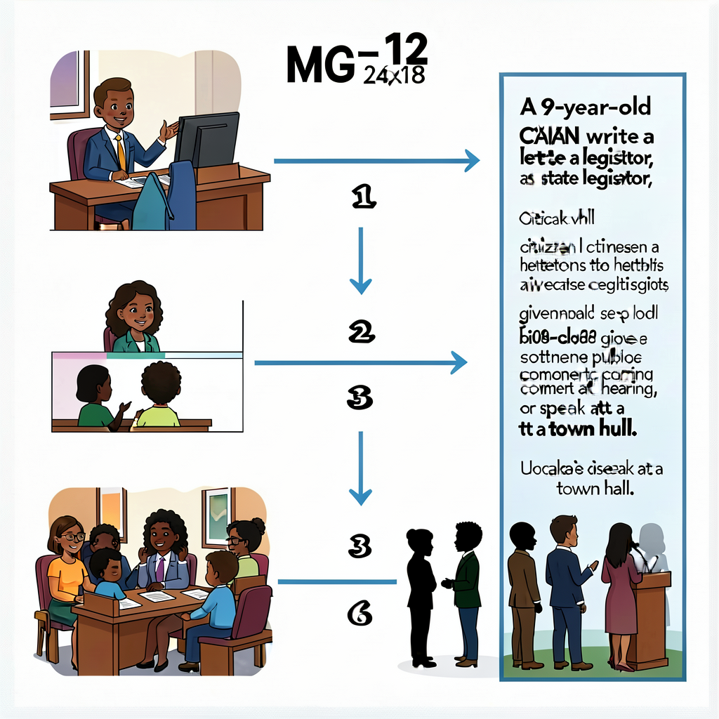 MG-12 24x18 flowchart with 6 numbered steps and arrows. Sidebar: 'A 9-year-old citizen CAN write a letter to a state leg