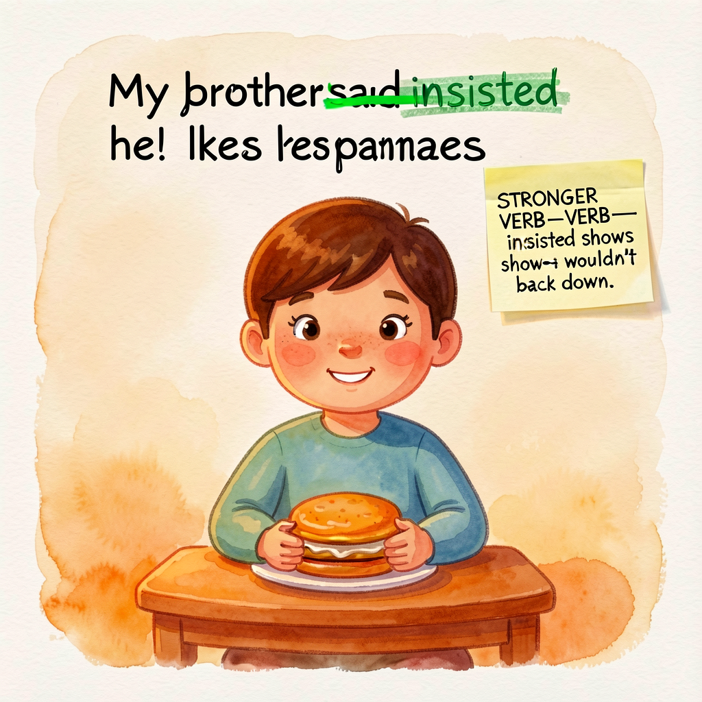 Reference image of a Grade-2 draft page with one sentence: 'My brother said he likes pancakes.' The word 'said' has a si