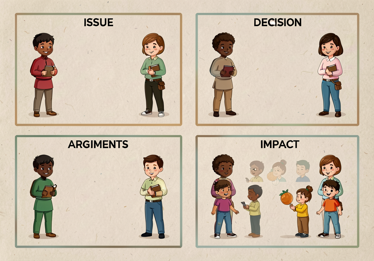 11x17 template with 4 boxes labeled ISSUE / ARGUMENTS / DECISION / IMPACT. Pre-filled ISSUE box; pairs complete remainin