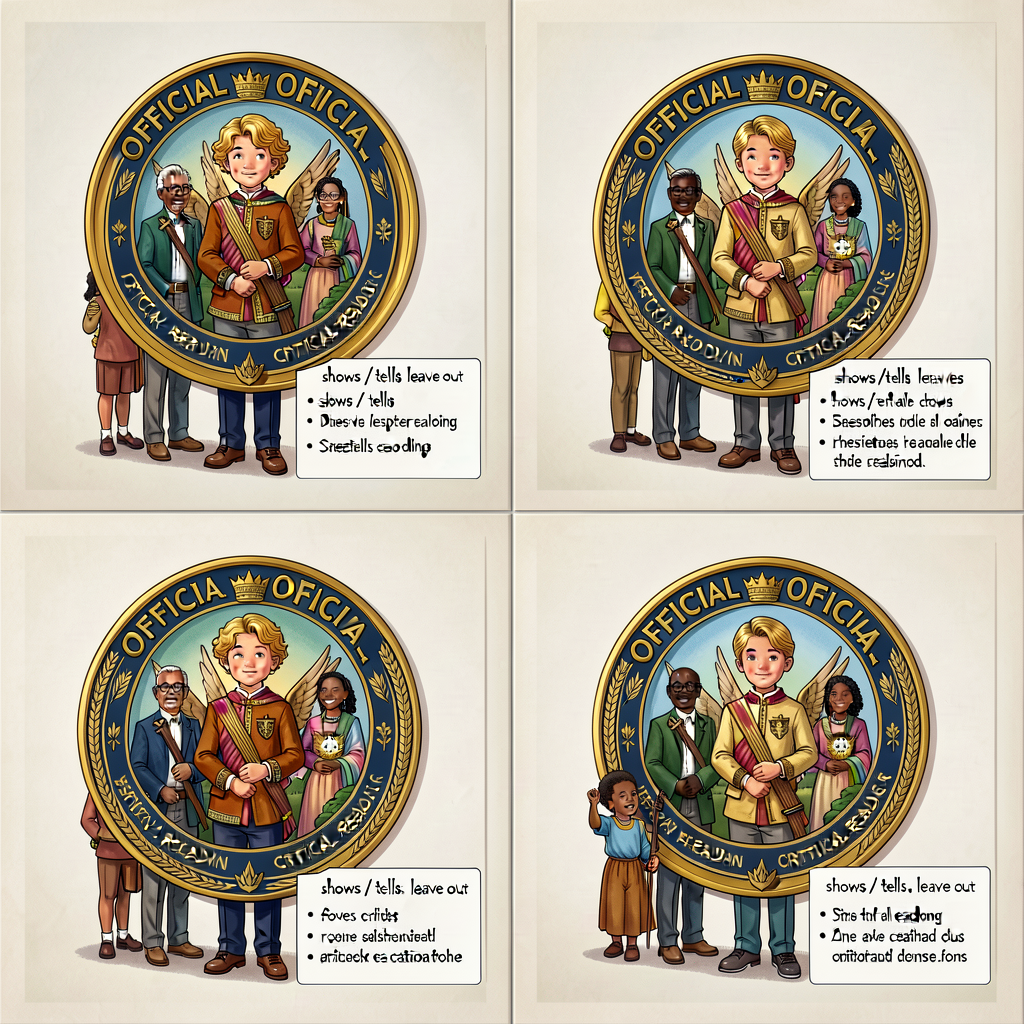 MG-14 2x2 panel, each 12x18 inches. Each symbol with OFFICIAL design + critical-reading sidebar showing 'shows / tells /