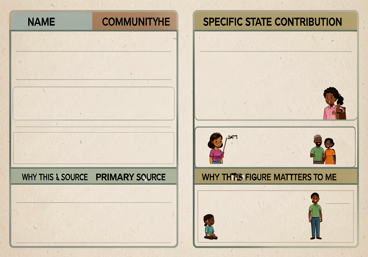 11x17 template with sections (NAME / DATES / COMMUNITY HERITAGE / SPECIFIC STATE CONTRIBUTION / PRIMARY SOURCE / WHY THI