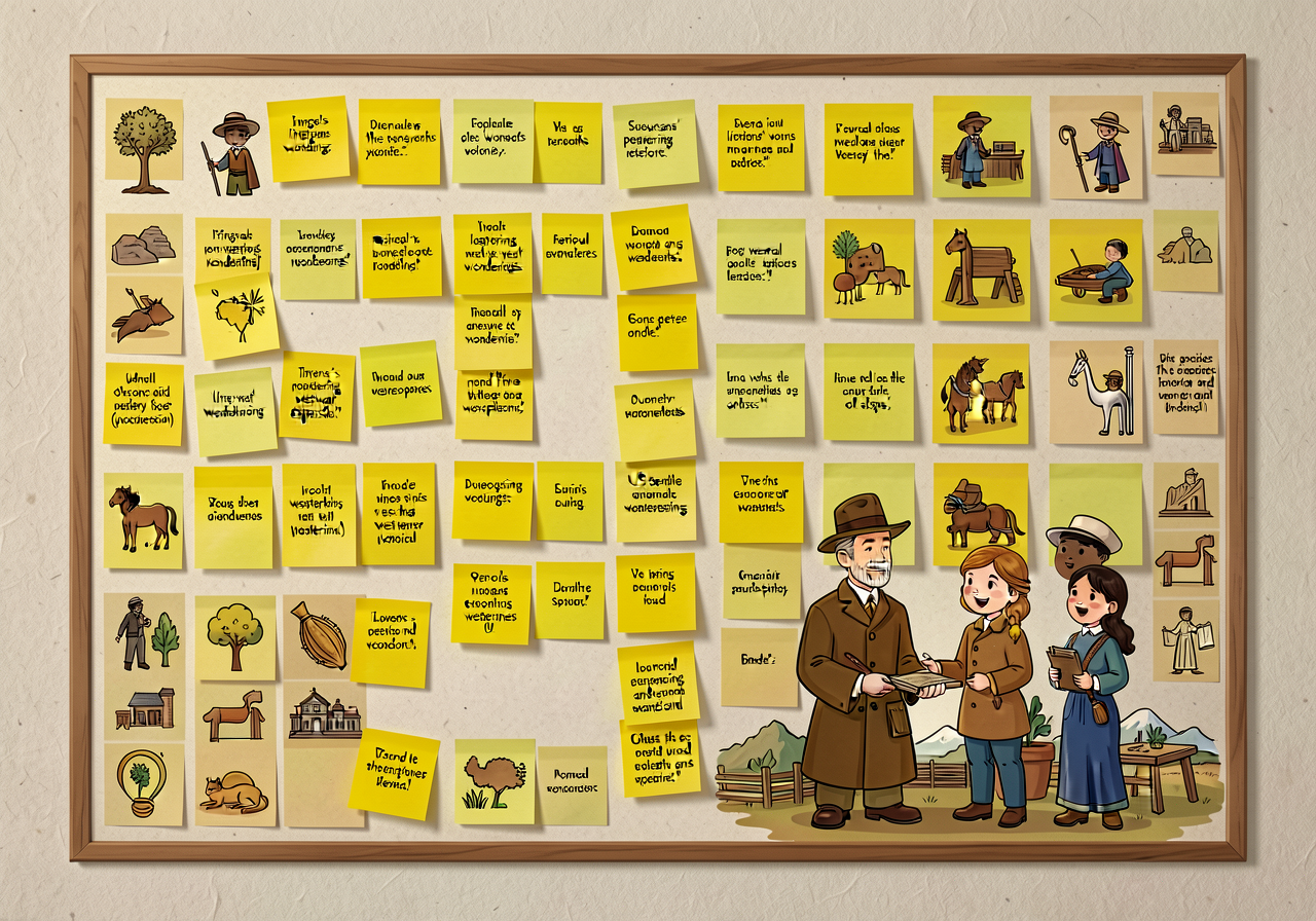 Class-size chart (24x36 inches) with yellow sticky-notes from children's lingering wonderings. Stays in classroom throug