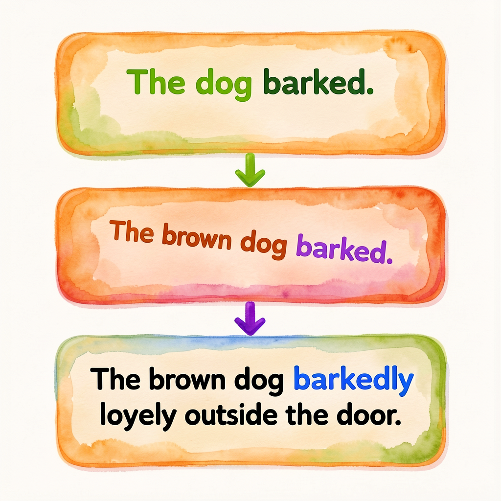 Illustration of three sentence-strip cards stacked vertically with arrows between: top strip 'The dog barked.' middle st