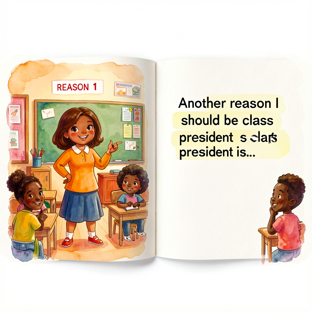 Watercolor reproduction of a Grace-for-President-style spread: left page shows Grace giving reason 1 with a confident po