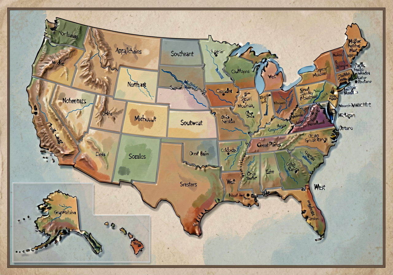 US 50-State Physical and Political Map (tactile-relief version available): full continental US plus Alaska and Hawaii in