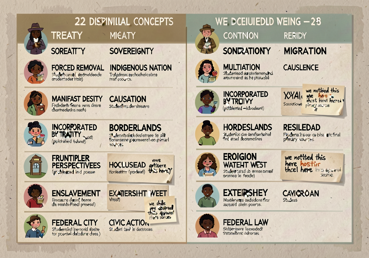 Concept Wall — 24x36-inch wall chart listing the unit's 22 disciplinary concepts with student-facing definitions in 18pt