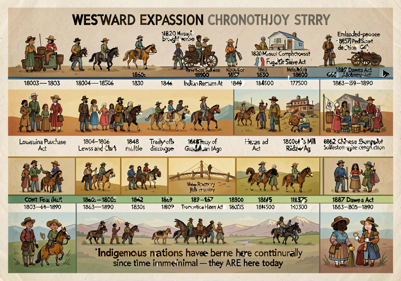Westward Expansion Chronology Strip — wall-length (12-foot) horizontal strip showing 1803–1890 with year-tick labels eve