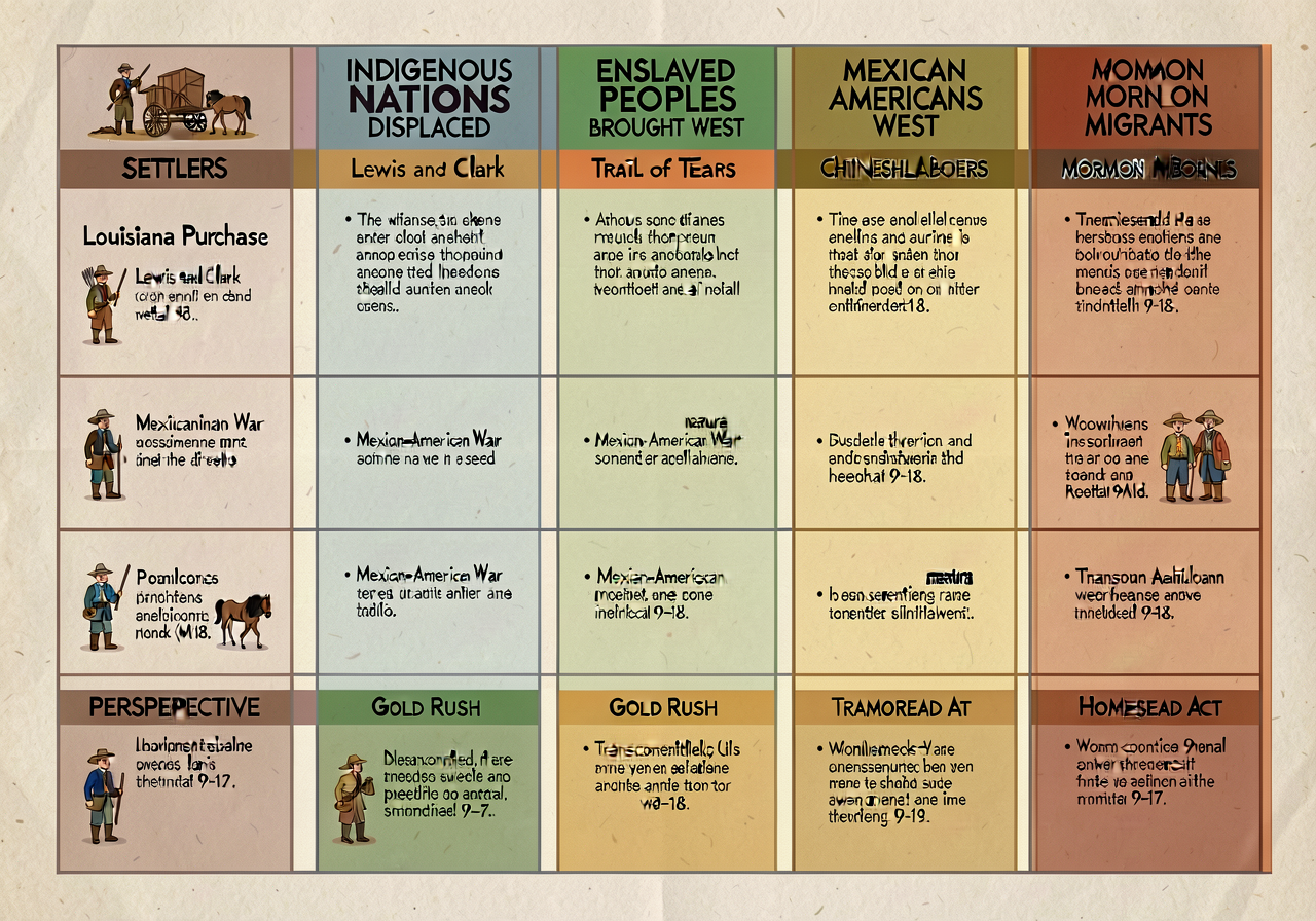 Multi-Perspective Westward Expansion Wall — 24x36-inch chart showing 6 PERSPECTIVE COLUMNS for each major event of the u