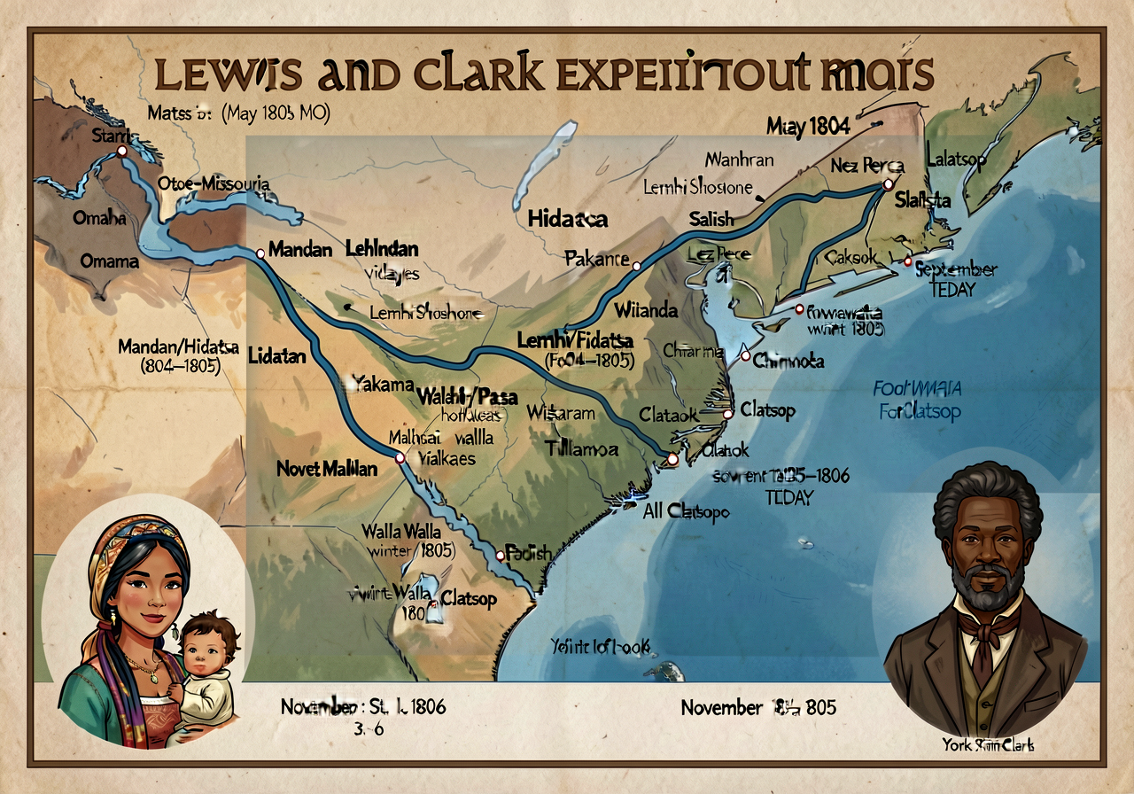 Lewis and Clark Expedition Route Map — May 1804 (St. Louis MO) to November 1805 (Pacific Ocean at the Columbia River mou