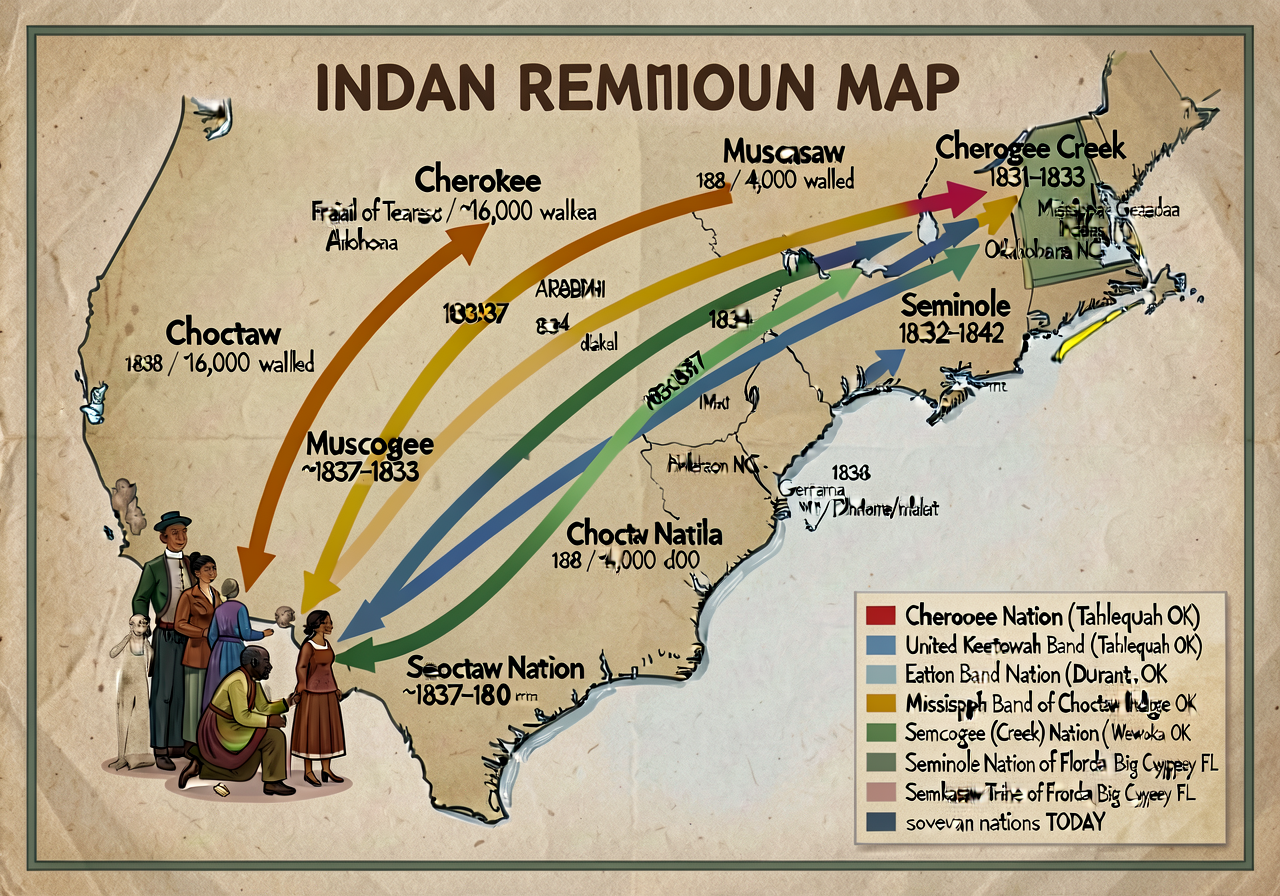 Indian Removal Map — five removal routes of the 5 Tribes 1830–1838: Cherokee (Trail of Tears 1838 from Georgia/Tennessee