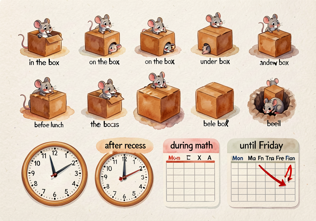 Reproduction of MG-5 at 11x17: top half shows 8 mini-illustrations of a cartoon mouse interacting with a single brown bo