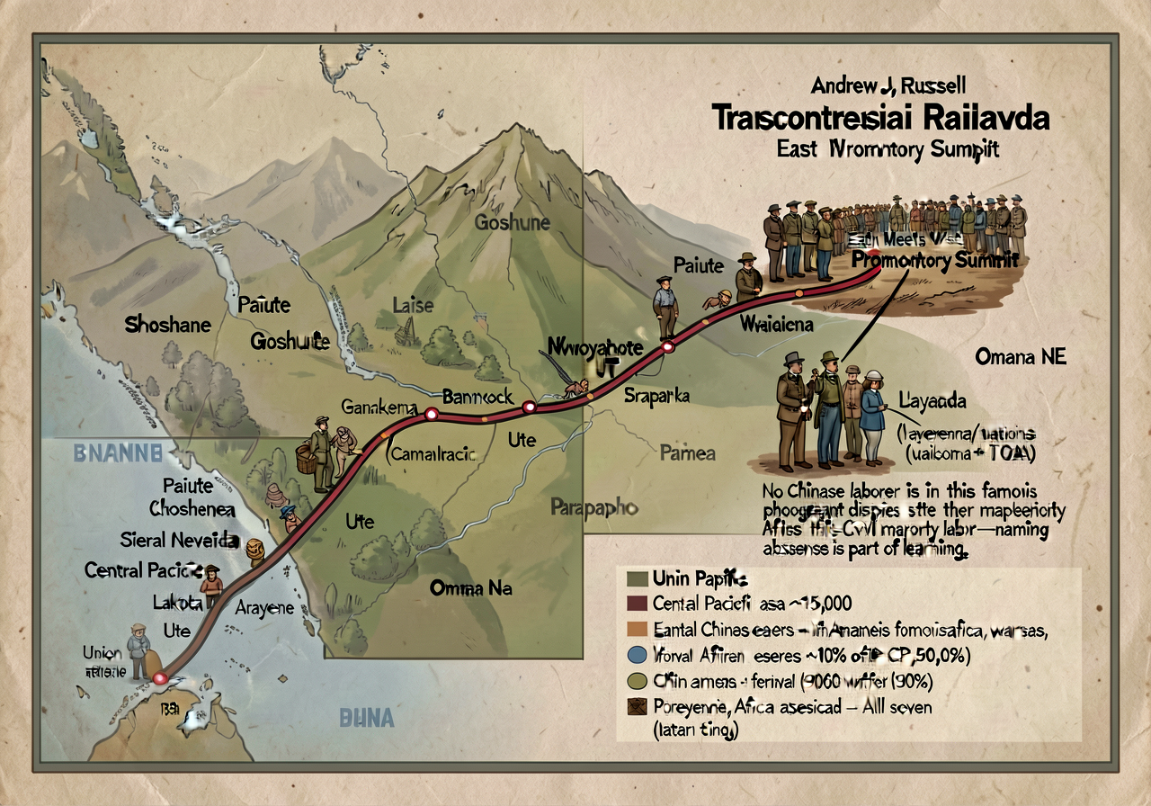 Transcontinental Railroad Route Map — May 1869 completion route from Sacramento CA east via Sierra Nevada (Central Pacif