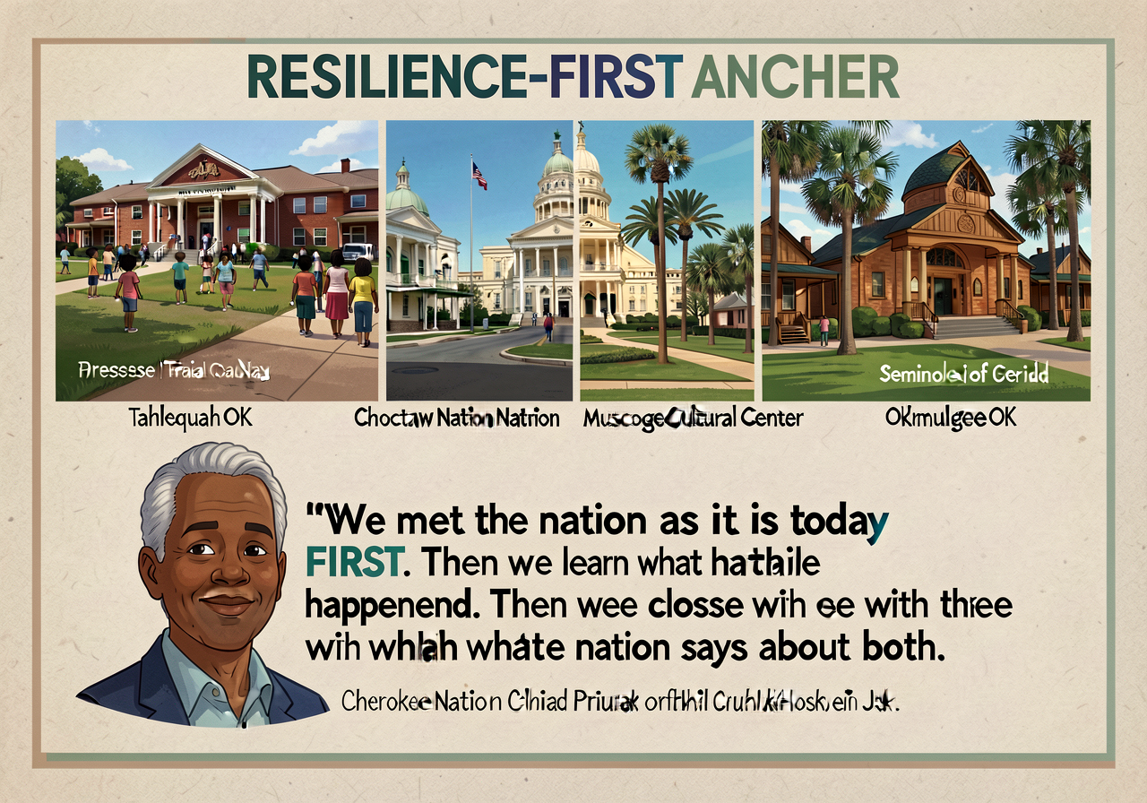 Resilience-FIRST Anchor — 24x36-inch wall poster used as the introductory frame for lessons 6, 7, 8 (Trail of Tears arc)