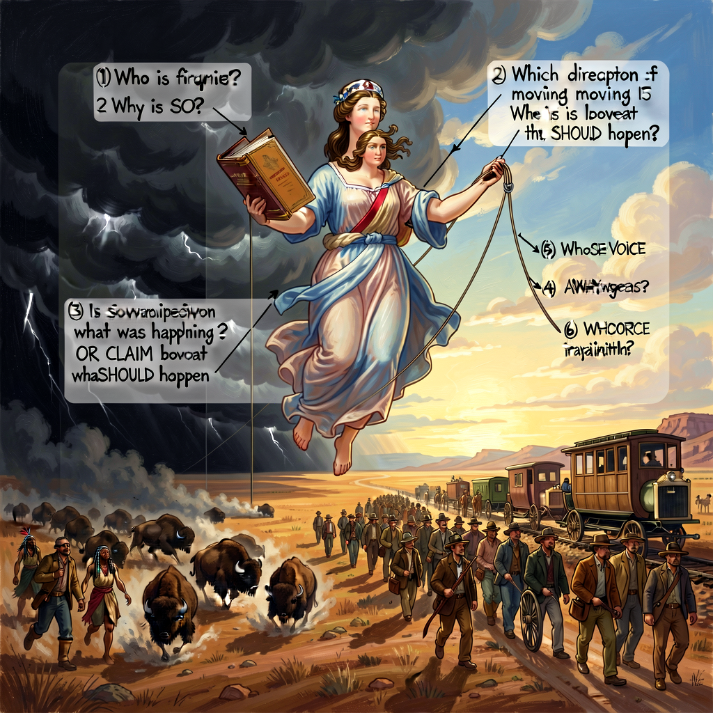 Gast 'American Progress' (1872) reproduction with critical-reading annotation overlay. Original John Gast painting (1872