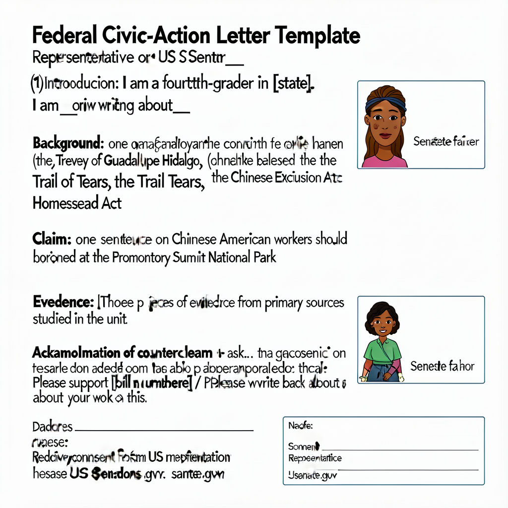 Federal Civic-Action Letter Template — 5-paragraph structure for child-authored letters to a US Representative or US Sen