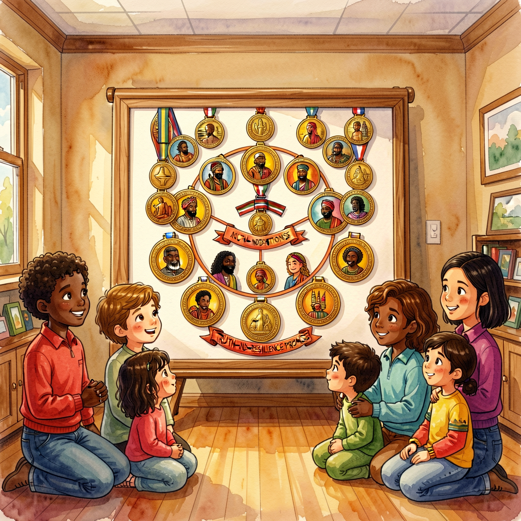 MG-1 displayed at front of room. Children identify the 10 thread medallions, the central multi-generation circle represe