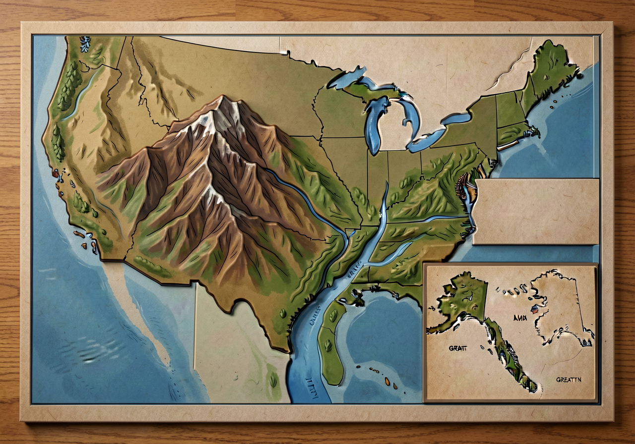 MG-2 tactile-relief version on classroom table; children can run fingers along Appalachian ridge, Rocky Mountain ridge, 