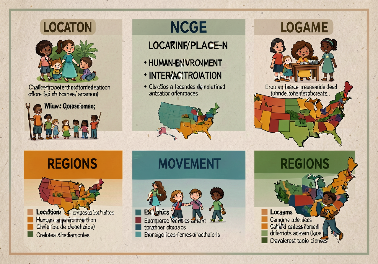 18x24 chart showing the 5 NCGE themes (LOCATION/PLACE/HUMAN-ENVIRONMENT INTERACTION/MOVEMENT/REGIONS) each with child-fa