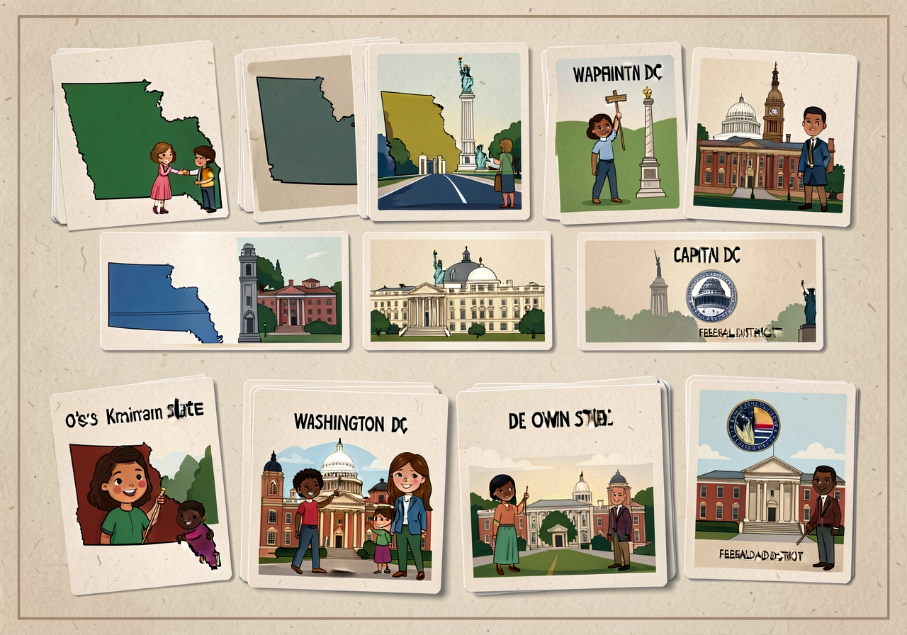 12 cardstock cards each showing: state outline on front, capital-city name + photo on back. Set includes Washington DC c