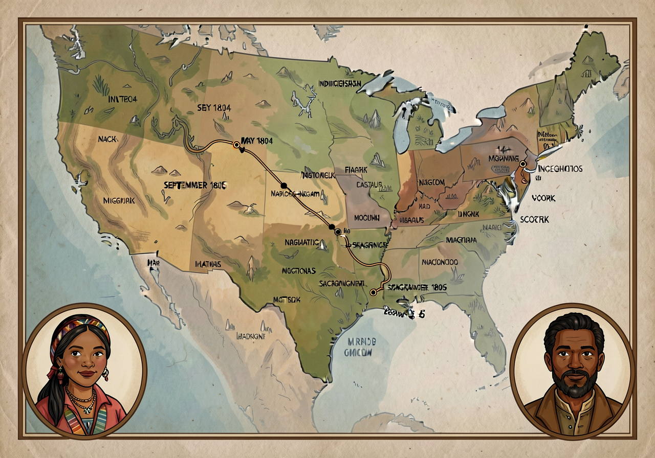 Shows expedition route May 1804 to September 1806 with Indigenous-nation translucent overlay (14+ nations named). Portra