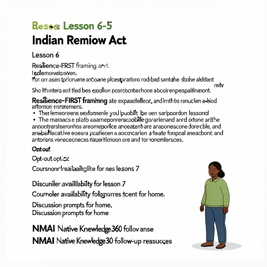 Standard caregiver-letter format on school letterhead announcing lesson 6 Indian Removal Act content; includes Resilienc