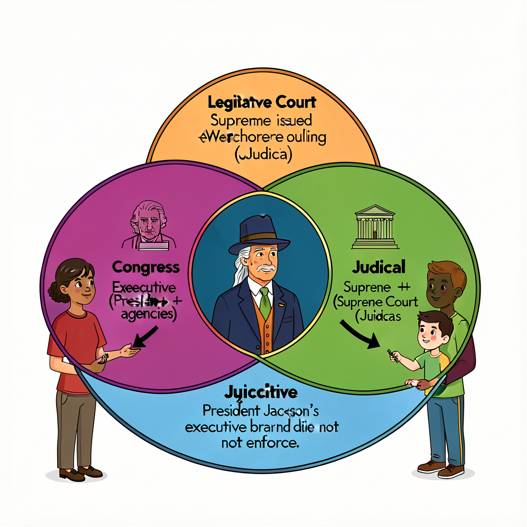 Three-circle Venn-style diagram showing Legislative (Congress) / Executive (President + agencies) / Judicial (Supreme Co