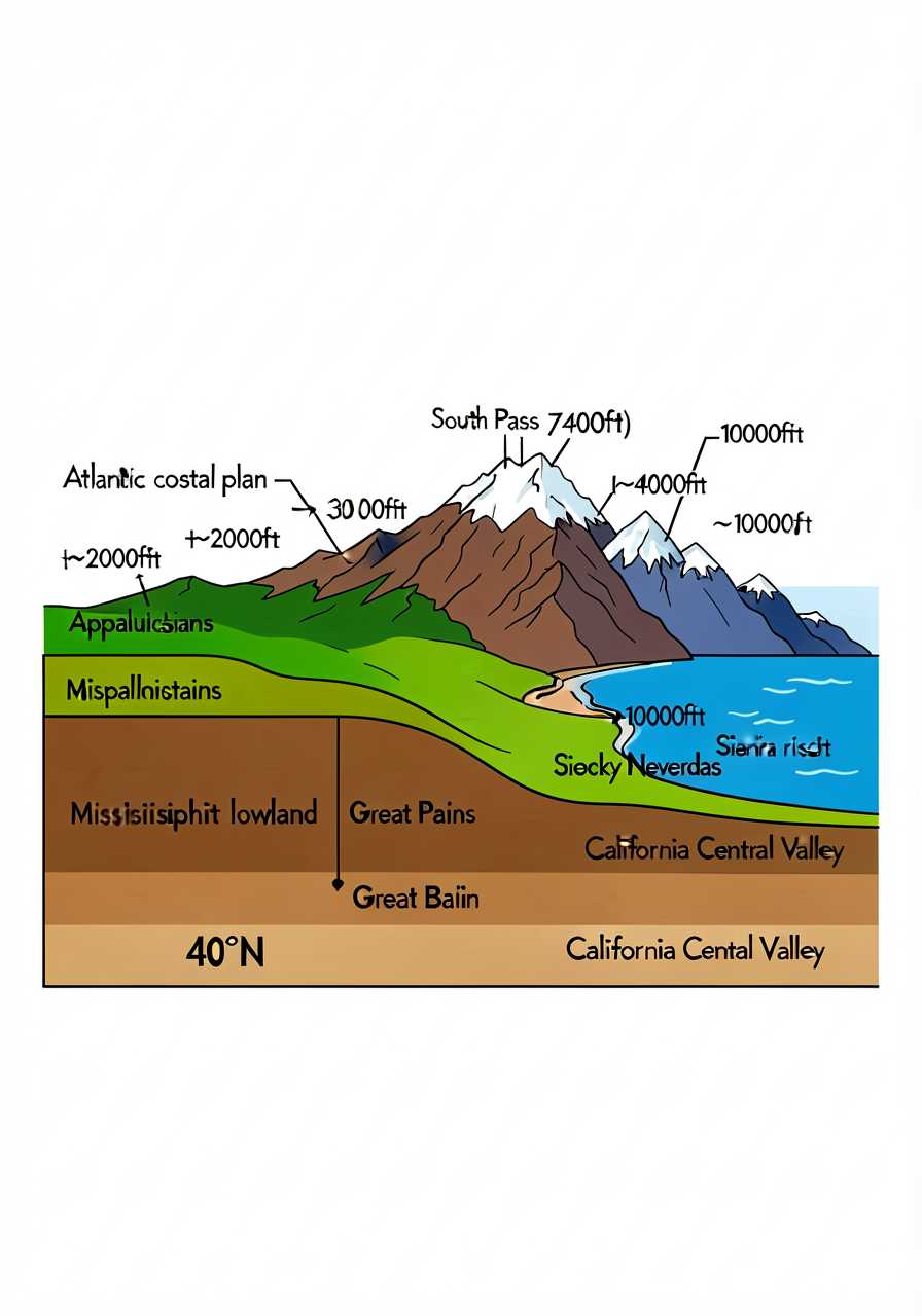 Cross-section diagram showing elevation profile from Atlantic to Pacific along approximately 40°N latitude. Labels: Atla