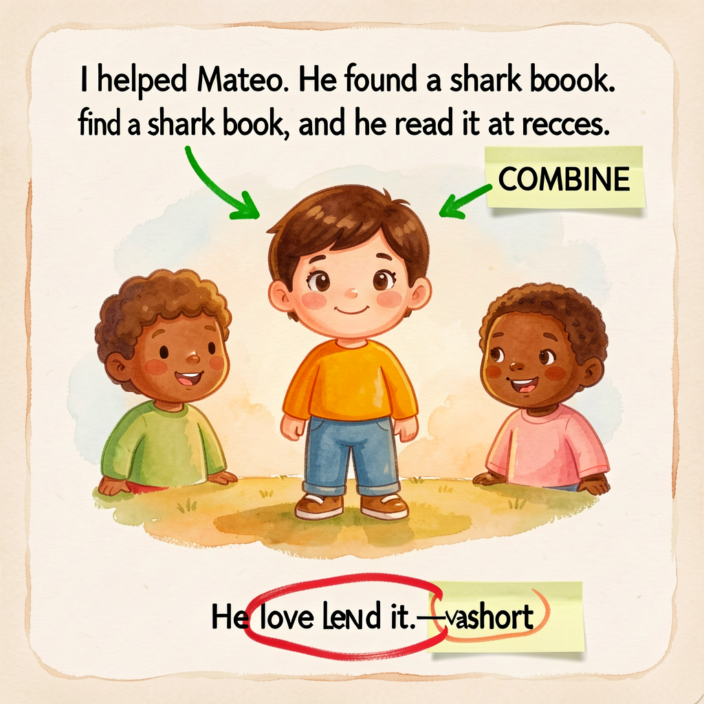 Reference image of a Grade-2 draft page with two annotations: top sentence shows 'I helped Mateo. He found a shark book.