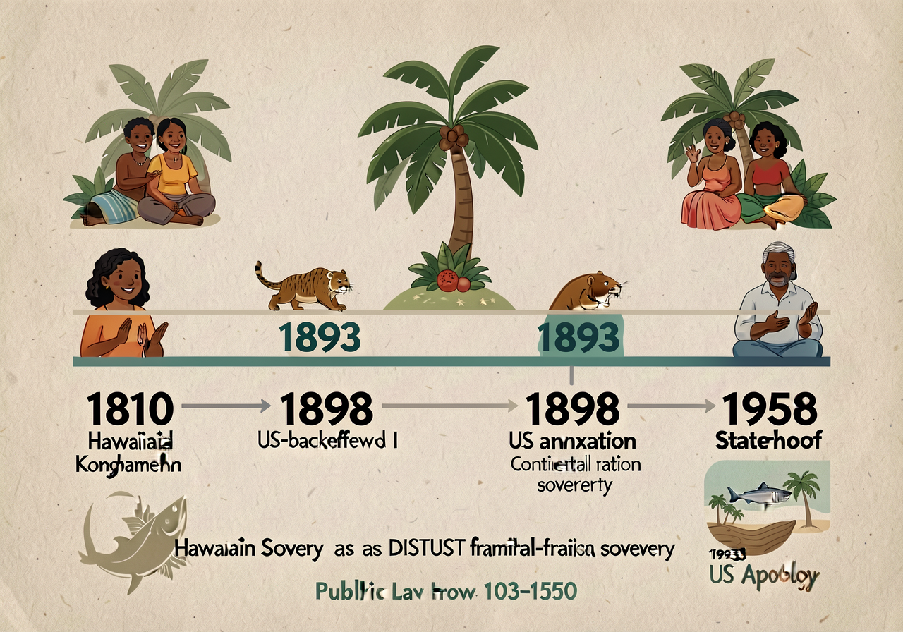11x17 timeline card showing key dates: 1810 Hawaiian Kingdom unified by Kamehameha I → 1893 US-backed overthrow → 1898 U
