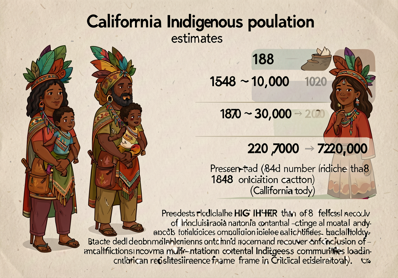 Chart showing California Indigenous population estimates: 1848 ~150,000 → 1870 ~30,000 → 2020 ~720,000 (per Census). Pre