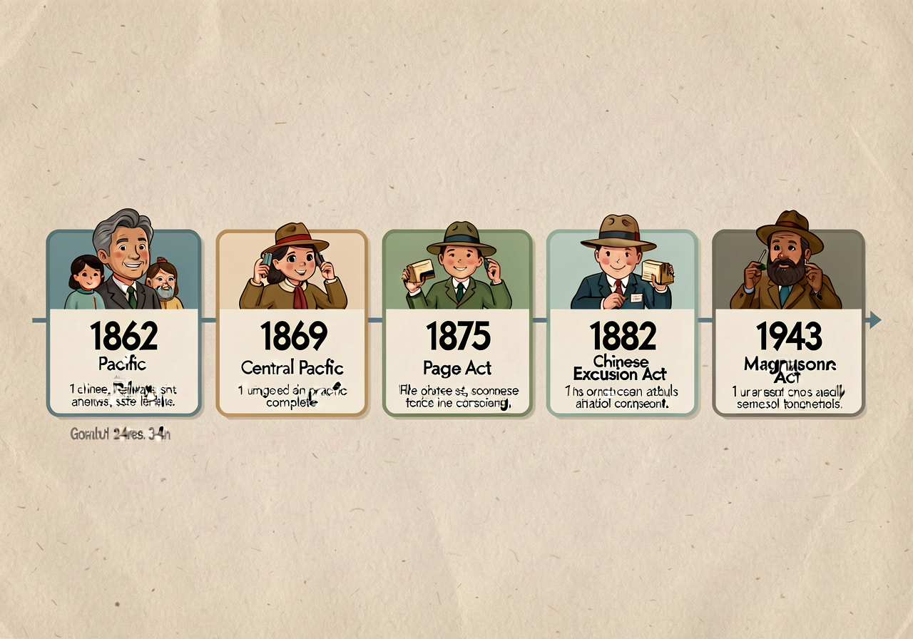 Horizontal timeline 24 inches wide showing 5 event cards in chronological order: 1862 Pacific Railway Act → 1869 Central