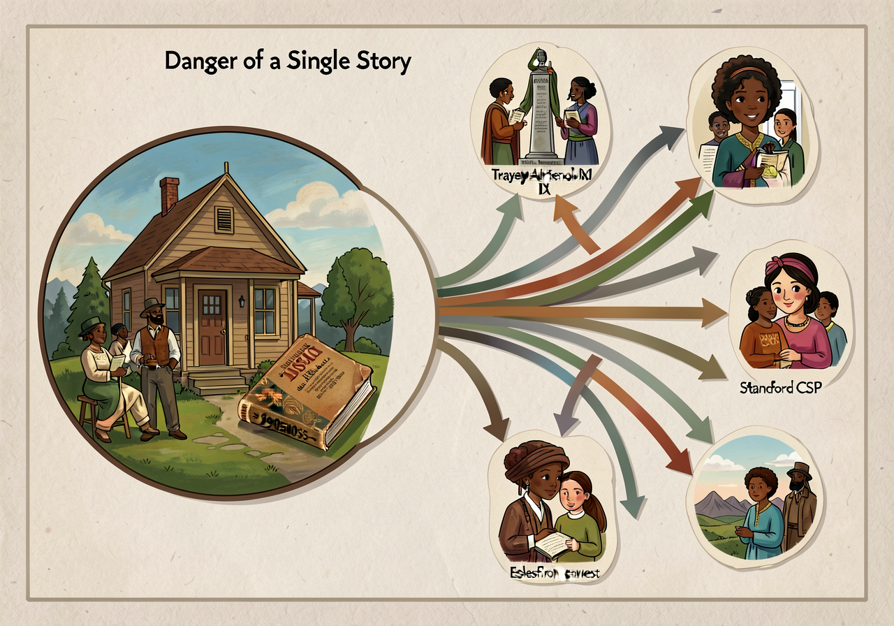 Chigozie Adichie 'Danger of a Single Story' frame card showing 1 single-story circle on left with Gast painting + 1950s 