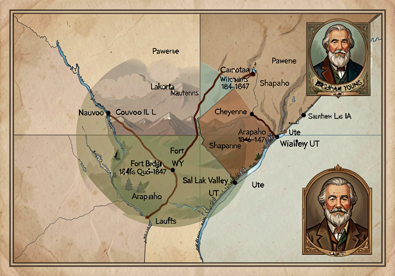 Map showing Mormon Trail Nauvoo IL → Council Bluffs IA (Winter Quarters 1846-1847) → Fort Bridger WY → Salt Lake Valley 