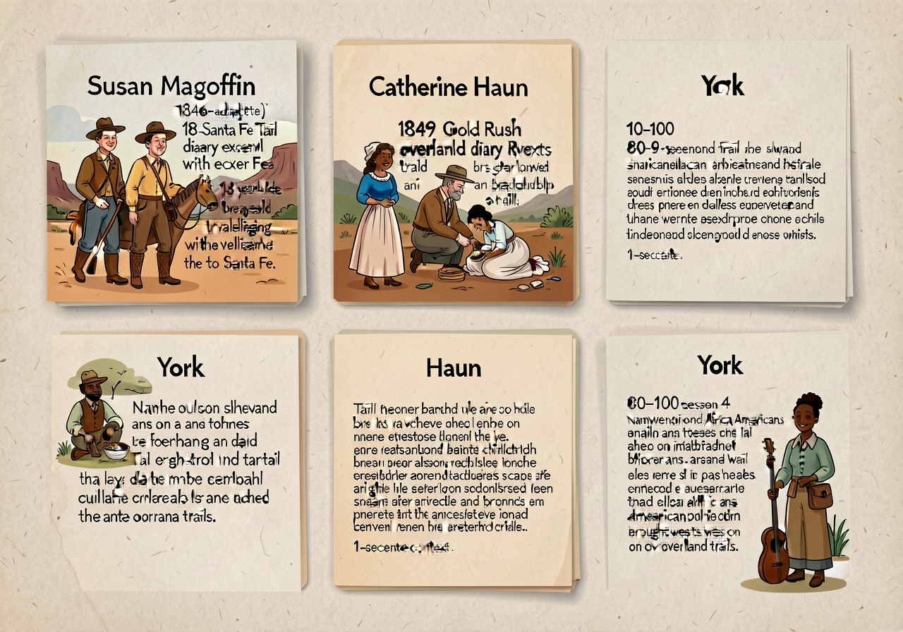 3 cardstock cards: (a) Susan Magoffin 1846 Santa Fe Trail diary excerpt (age-adapted) — 18-year-old bride traveling with