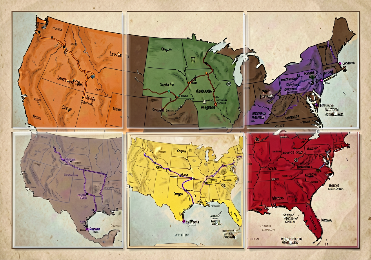 6 transparent overlay sheets, each showing one trail route in distinct color on a base US 50-state outline matching MG-2
