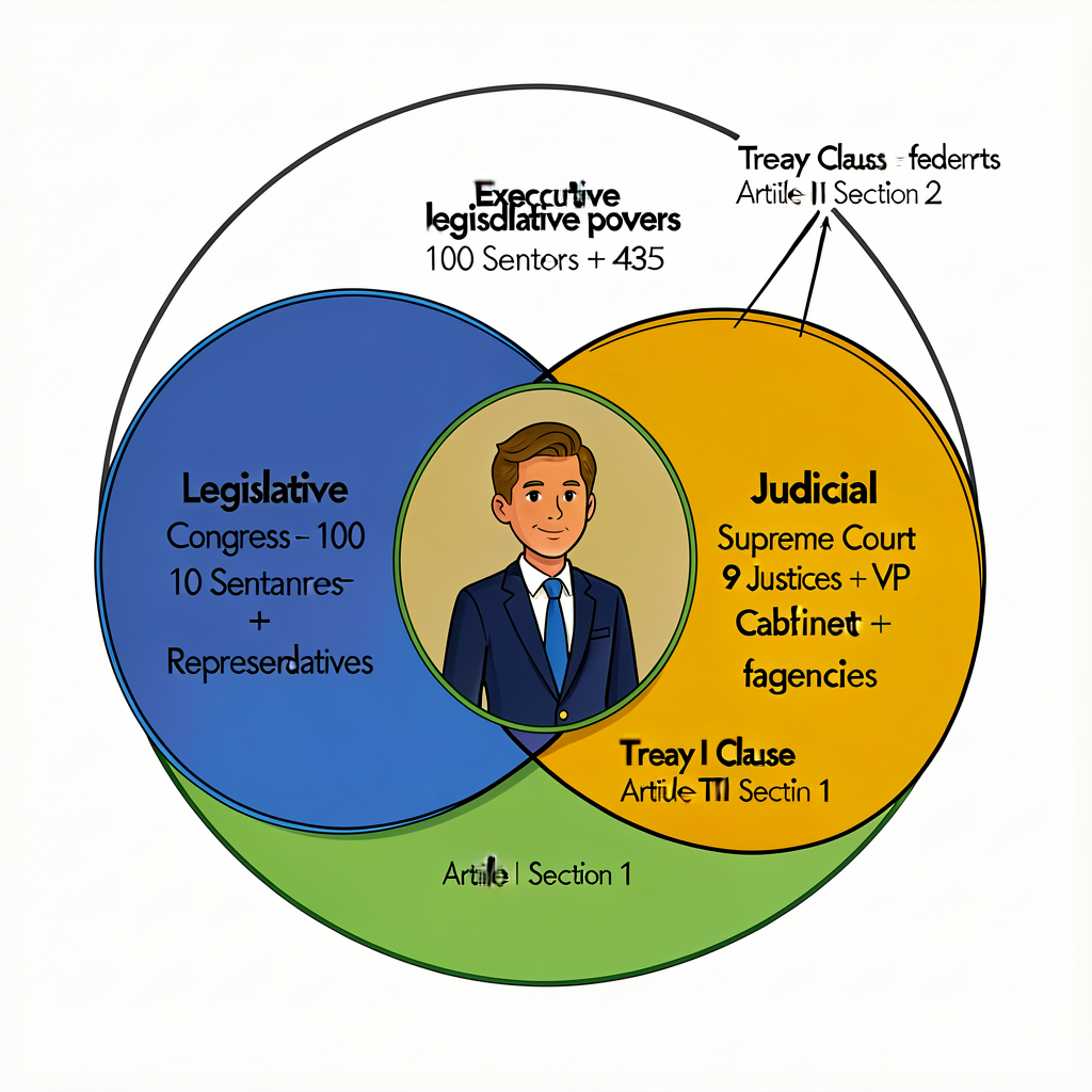 Three-circle Venn-style diagram showing Legislative (Congress — 100 Senators + 435 Representatives) | Executive (Preside