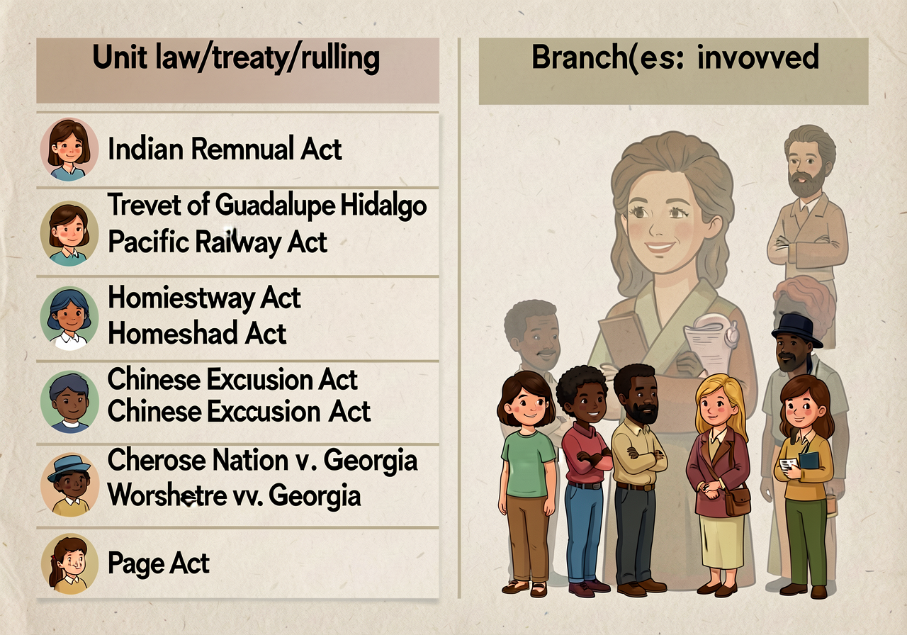 11x17 chart with two columns: LEFT 'Unit law/treaty/ruling' (8 entries: Indian Removal Act, Treaty of Guadalupe Hidalgo,