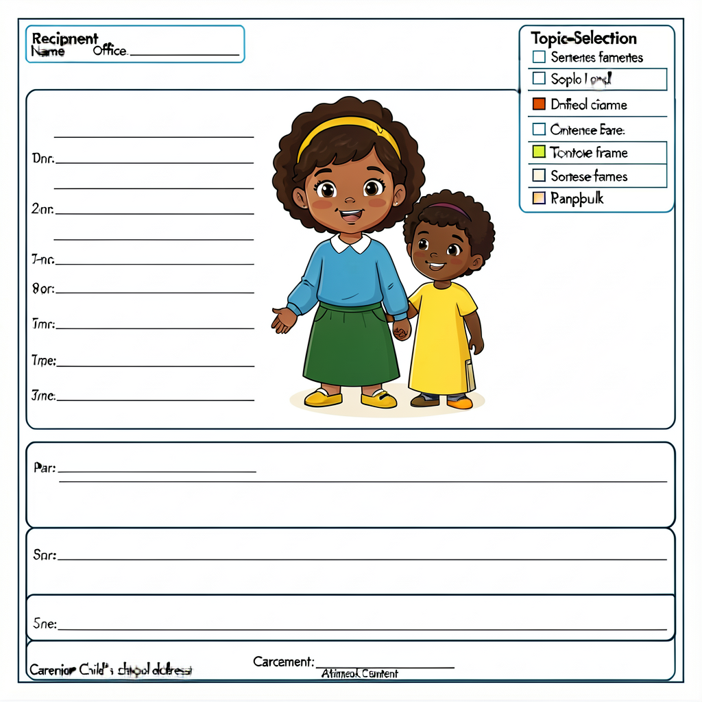 11x17 template printed for each child. 5 paragraph boxes with sentence frames in side margins. Header with date + child'