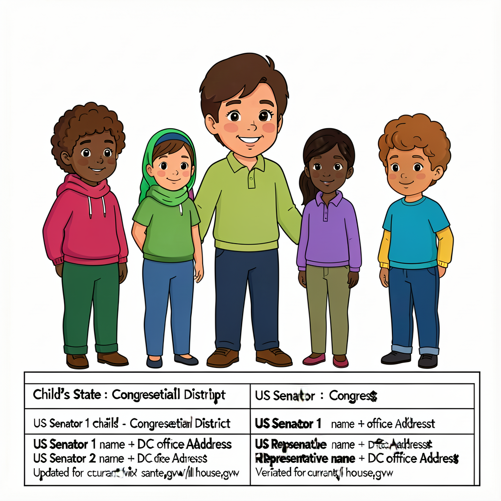Pre-printed address-lookup table with: child's state | child's congressional district | US Senator 1 name + DC office ad