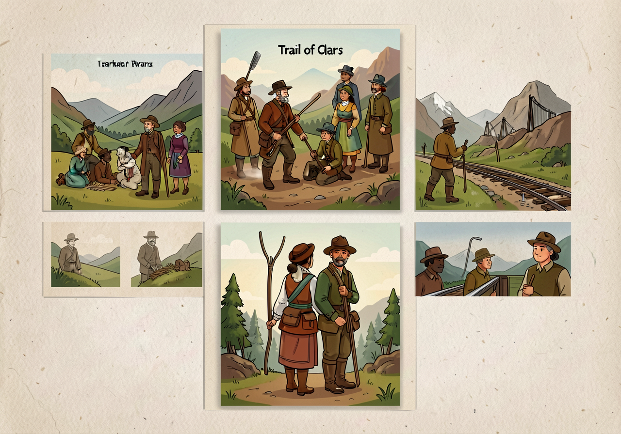 3 sample anonymized storybook pages from prior G4 class showing range of topics: (a) Trail of Tears Cherokee Resilience-