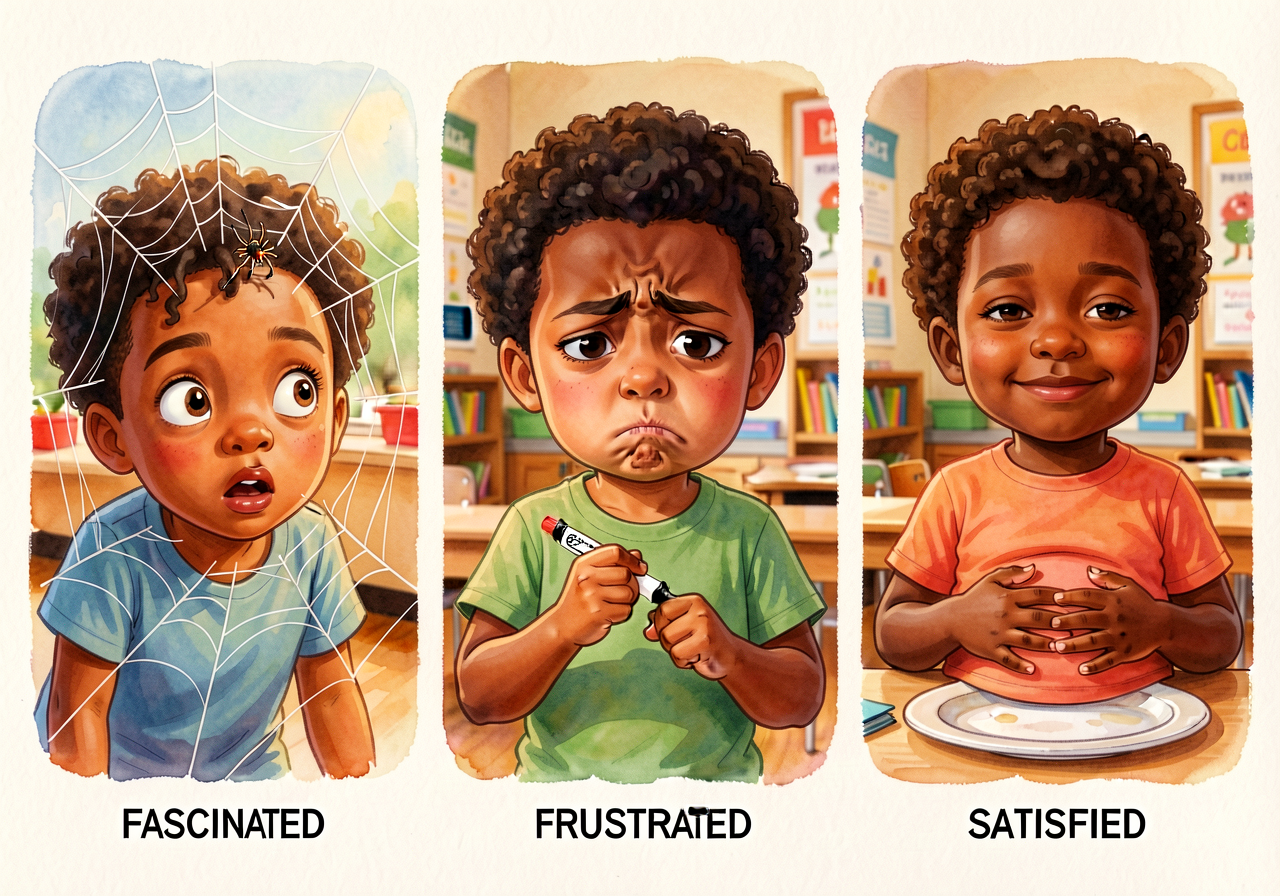 Photo grid of 3 multicultural children showing each feeling: left — wide-eyed, leaning forward, watching a spider in a w