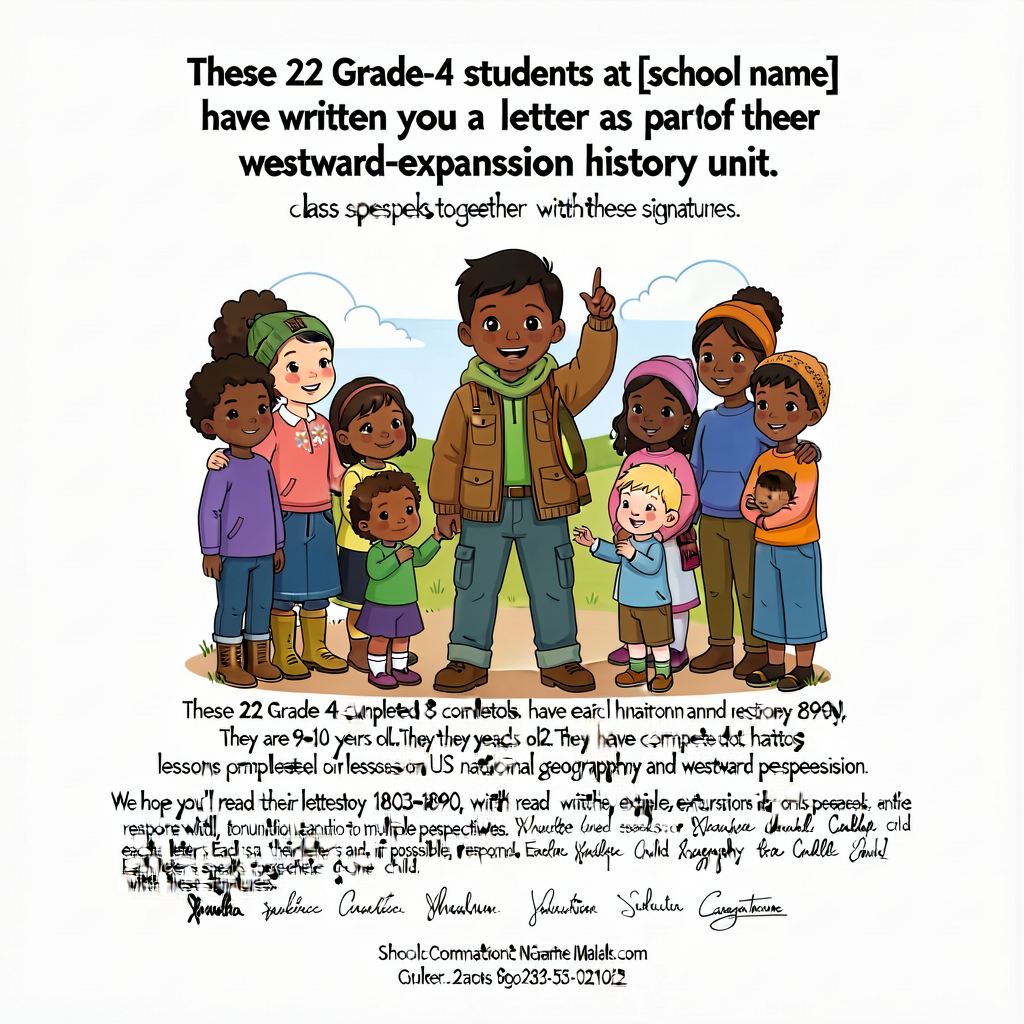 Cover page accompanying mailed letters: 'These 22 Grade 4 students at [school name] have each written you a letter as pa
