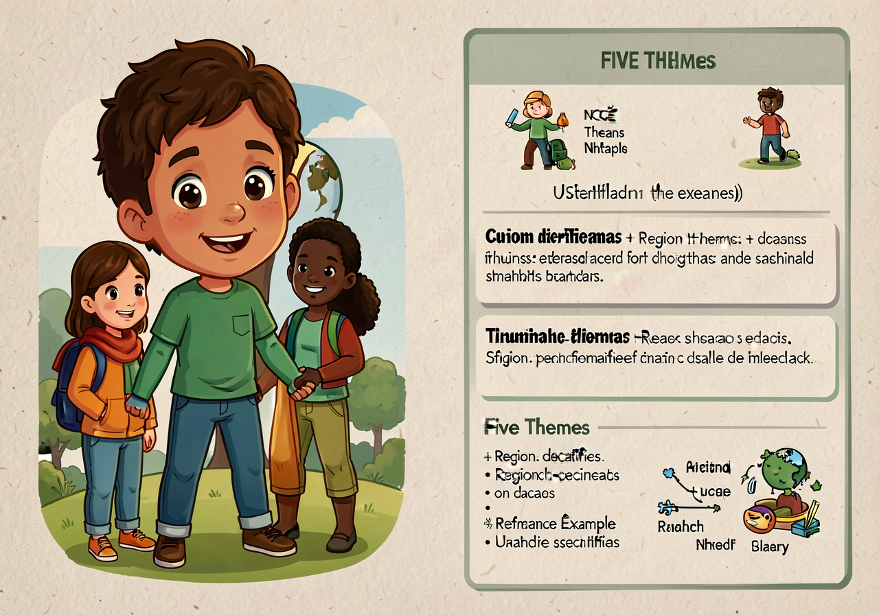 NCGE Five Themes reference card with definition + region-specific example for each theme. Used as scaffold for the writi